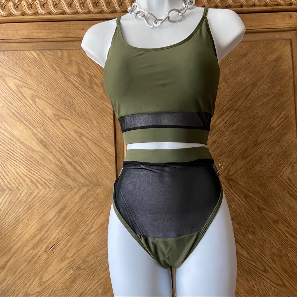 Olive Sheer High Waisted Tankini Swimsuit